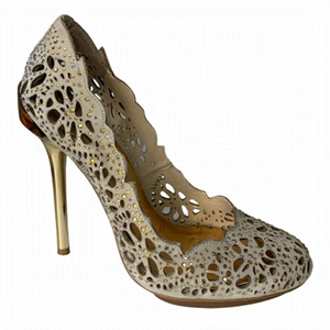 BCBGMAXAZRIA Peacock Powder Iridescent Suede Laser Cut Jeweled Gold Heel Size 7